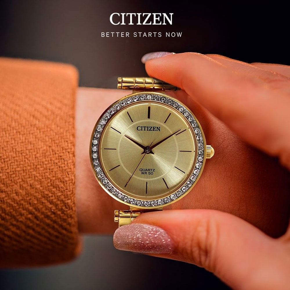 Đồng Hồ Nữ Citizen Đính Đá Swarovski Dây Thép Không Gỉ ER0212-50P - Mặt Vàng