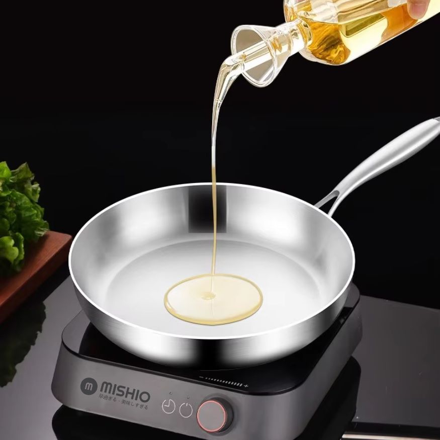 Chảo Inox đáy từ 3 Lớp Mishio (Size 22, 24, 26, 28, 30cm) Đúc Nguyên Khối, Đáy Từ, An Toàn Vượt Trội - hàng chính hãng