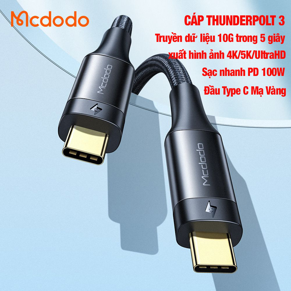 Cáp Sạc Nhanh Truyền Dữ Liệu Usb C To Usb C Mcdodo Thunderbolt 3 PD100W/40Gbps, Xuất Hình Ảnh 4K/5K/Ultrahd, Chứng Nhận Bởi Intel (Chiều Dài 0.8M) – Hàng Chính Hãng