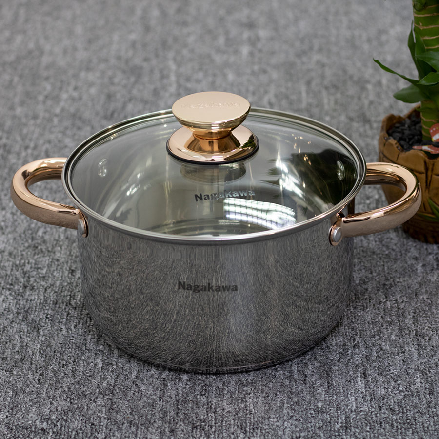 Bộ 3 nồi inox 4 đáy Nagakawa NAG1306  - Quai mạ vàng - Dùng trên mọi loại bếp - Hàng Chính Hãng