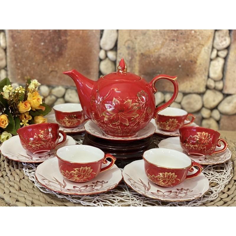 Bộ ấm chen sen vẽ vàng đủ 3 màu cơ bản cực đẹp hàng chuẩn Bát Tràng