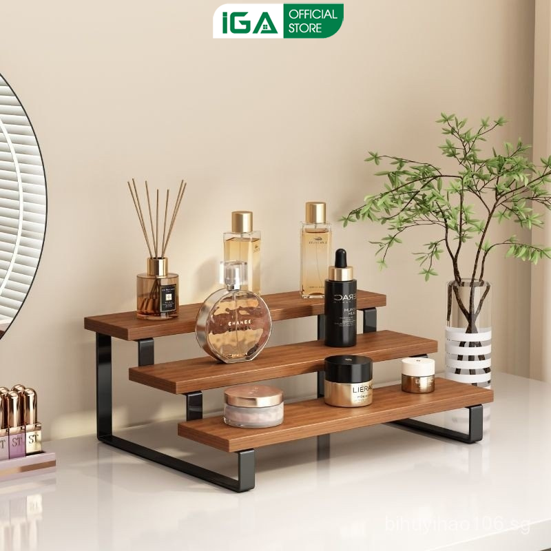 Kệ trưng bày 3 tầng để mỹ phẩm, nước hoa, để mô hình mini chất liệu khung sắt mặt gỗ chắc chắn thương hiệu IGA - GM214