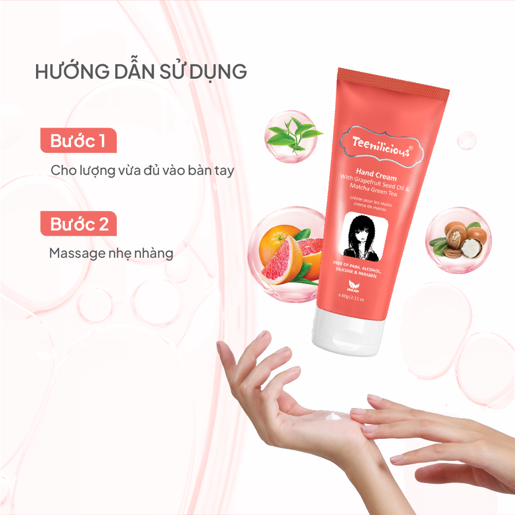 Kem Dưỡng Da Tay Teenilicious Hand Cream With Grapefruit Seed Oil &amp; Matcha Green Tea Giúp Dưỡng Ẩm Da 60g