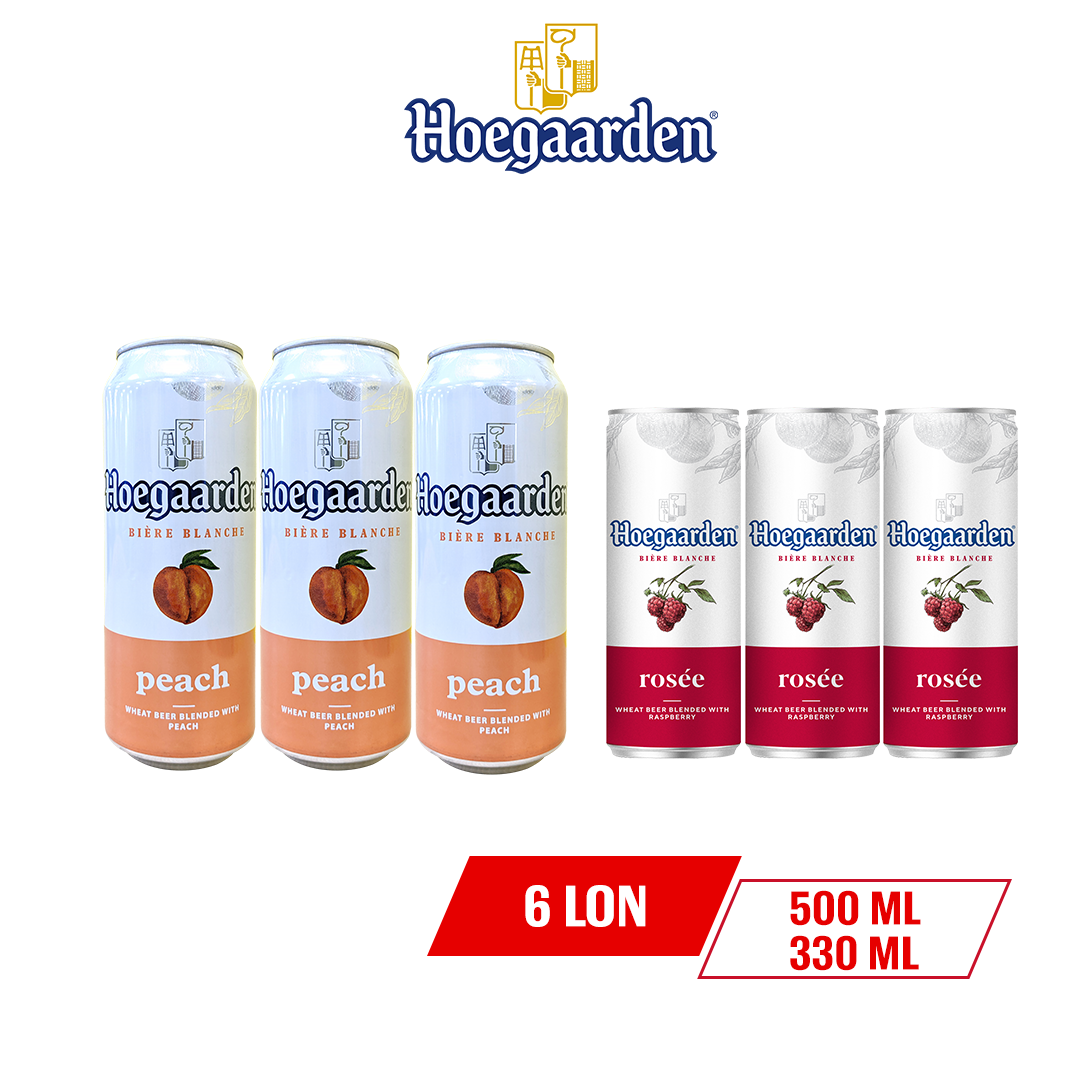 Lốc 6 Hoegaarden Trái Cây Mix Vị (3 Lon Hoegaarden Rosee 330ml và 3 lon Hoegaarden Peach 500ml)