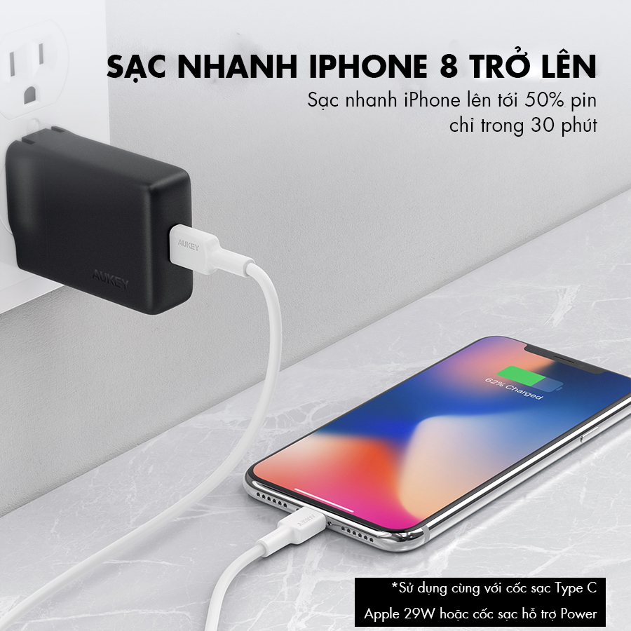 Cáp Sạc C To Lightning Aukey CB-CL01 Chuẩn MFi Apple Cao Cấp Dài 1 Mét - Hàng Chính Hãng