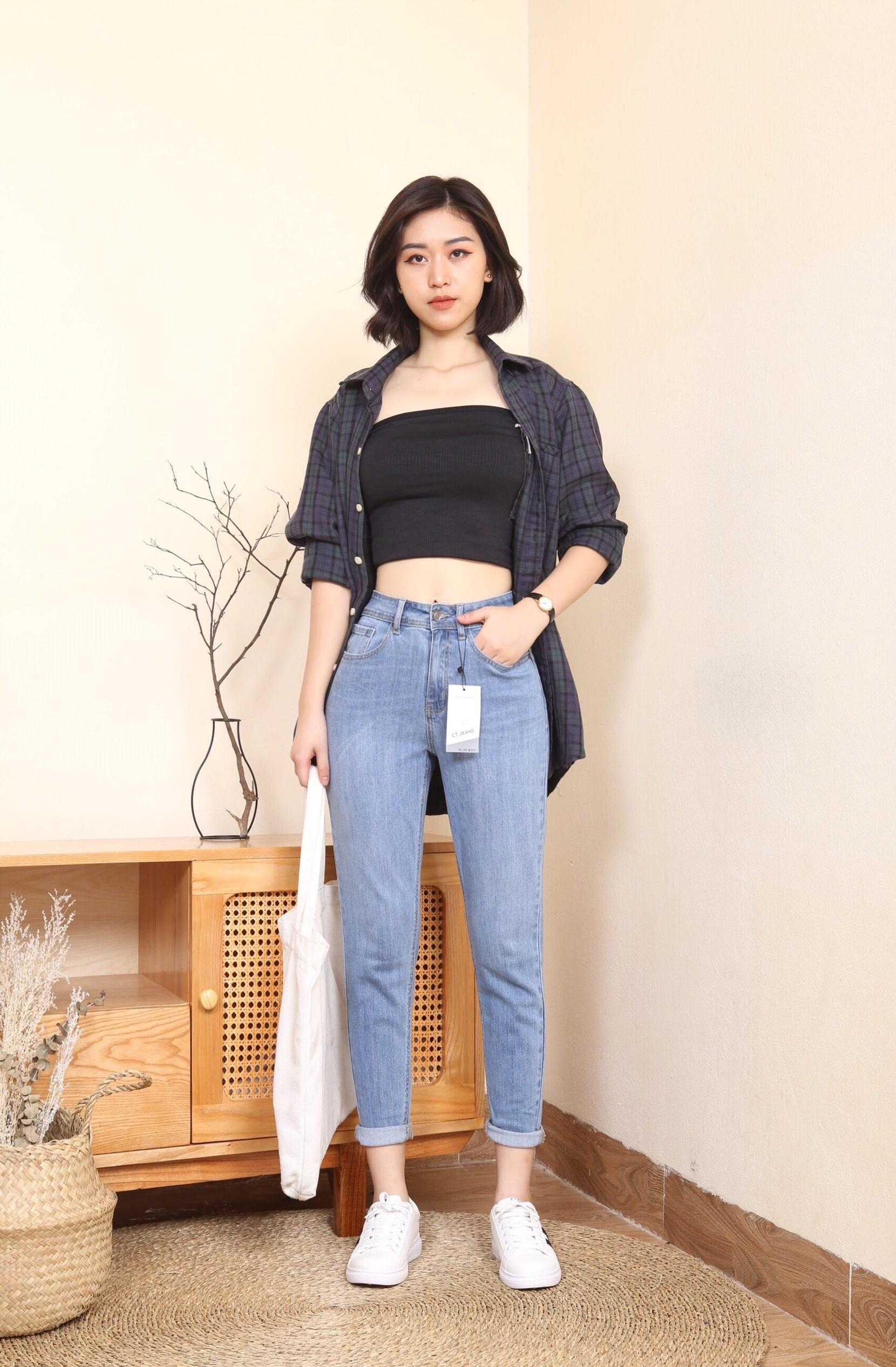 Quần jeans baggy nữ trơn lưng cao màu xanh cao cấp