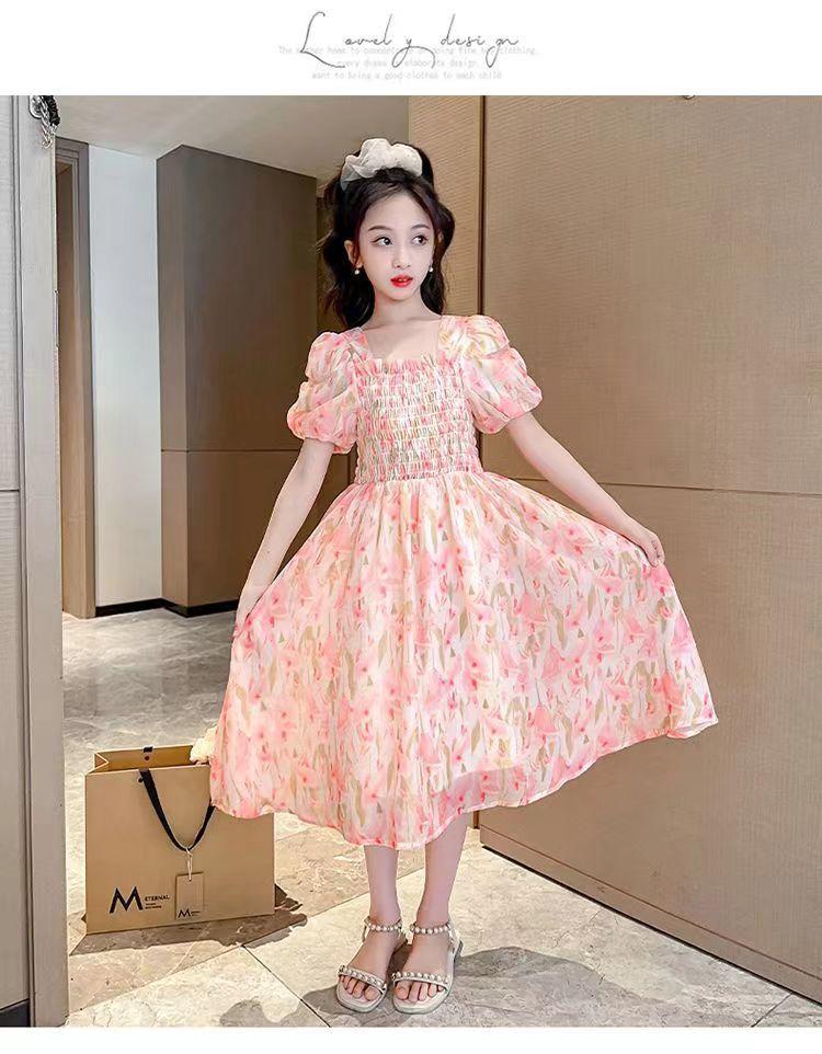 SHUANGYAN Cô gái váy mùa hè phong cách phương Tây 2023 Big Boy mùa hè váy chiffon mùa hè cô gái mảnh hoa mối tình đầu váy