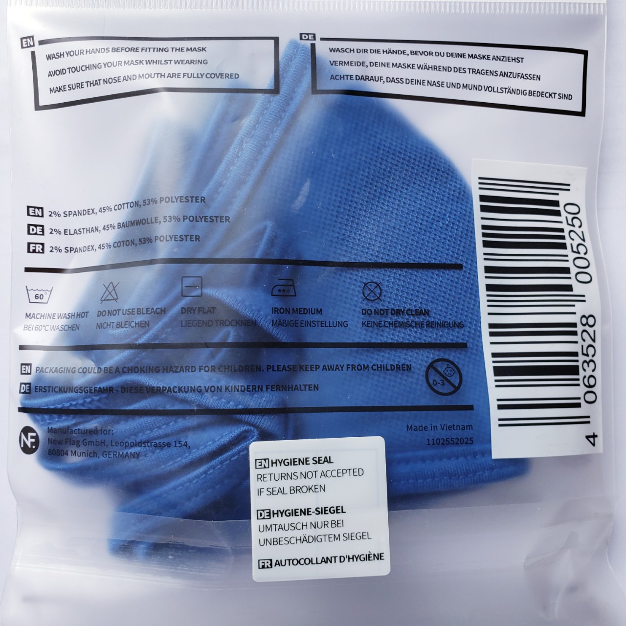 Set 3 khẩu trang vải nam - nữ - trẻ em kháng khuẩn cao cấp NEQI FACEMASK Đức, màu xanh dương thời trang, lọc 98% bụi mịn