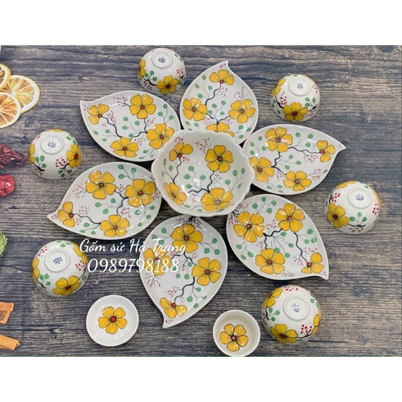Bộ bát đĩa gốm sứ Bát Tràng cao cấp không chì hoa 6 cánh vẽ hoa vàng