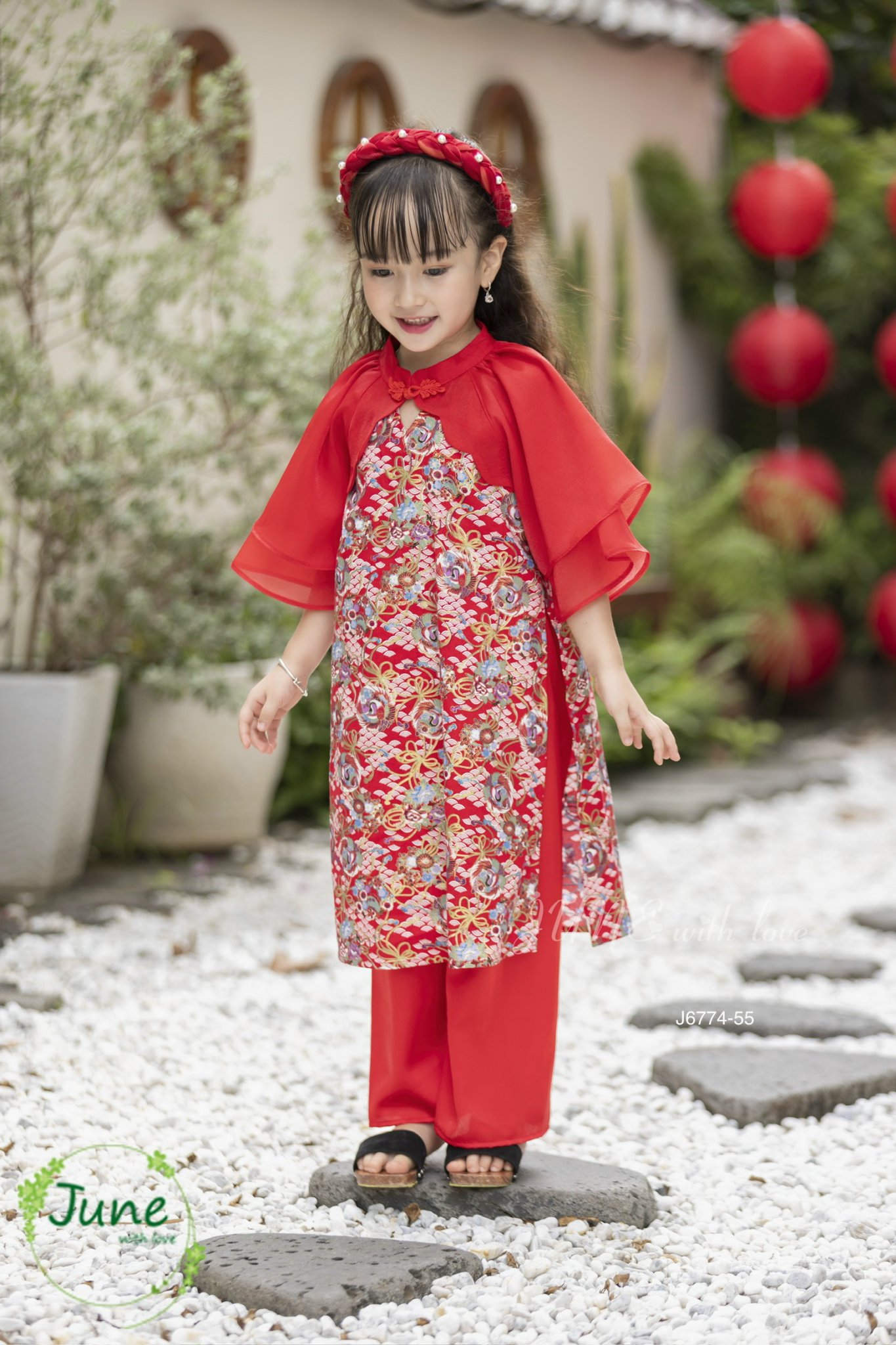 Áo dài cách tân bé gái, Set áo dài tết cho bé 1-10 tuổi hình phượng vũ vải thô nhũ hàng thiết kế điệu đà thời trang