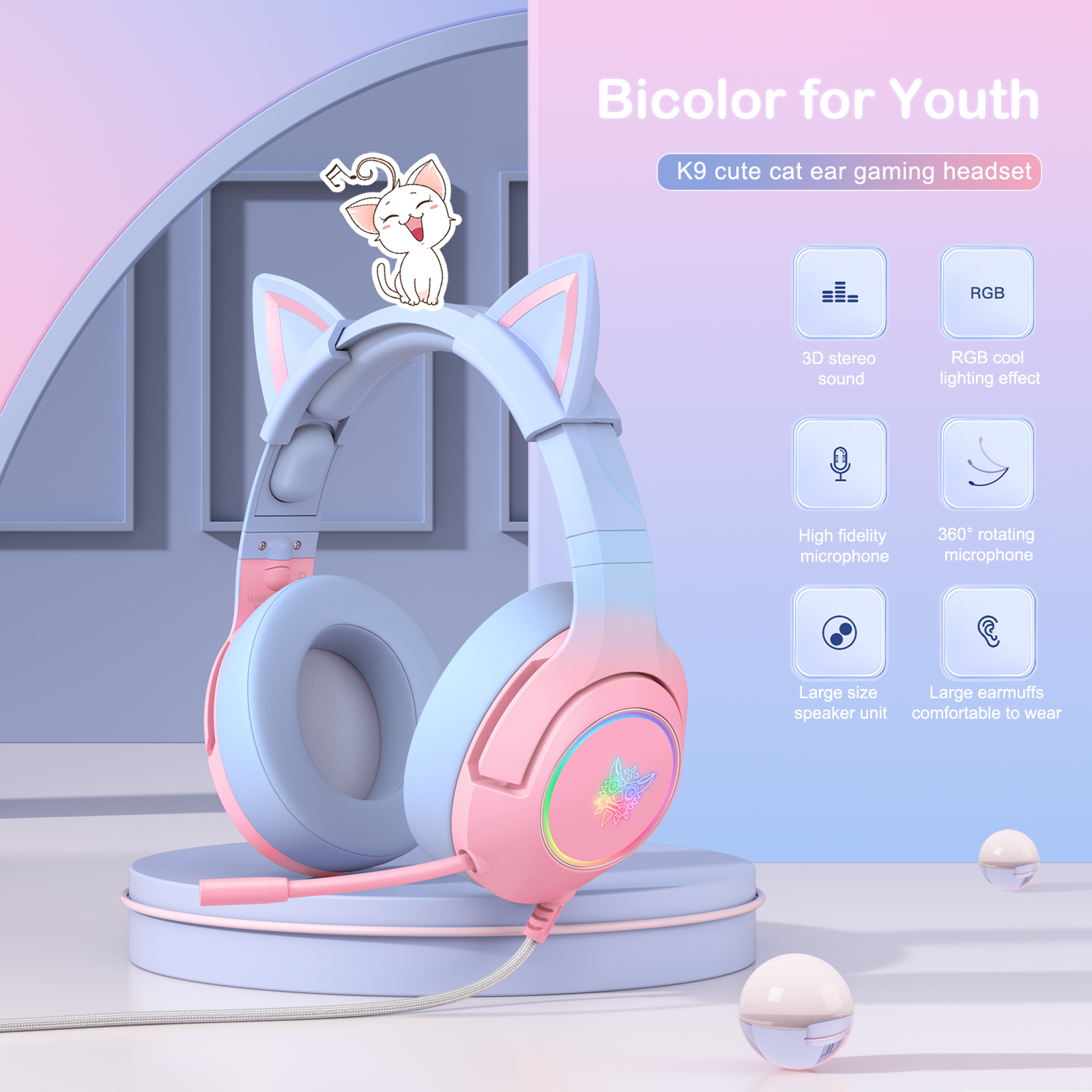 Combo Onikuma Gaming 4 (Tai Nghe K9 Pink Blue + Giá Đỡ ST-2 White) - Hàng Chính Hãng