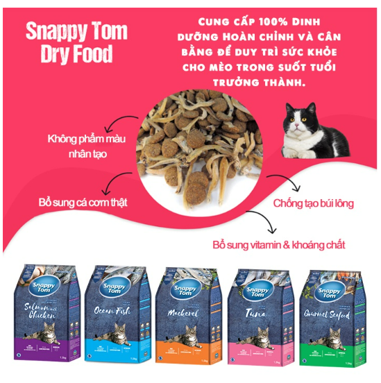 Thức Ăn Hạt Cho Mèo Snappy Tom có Topping Cá Cơm Cho Mèo - 1.5Kg,