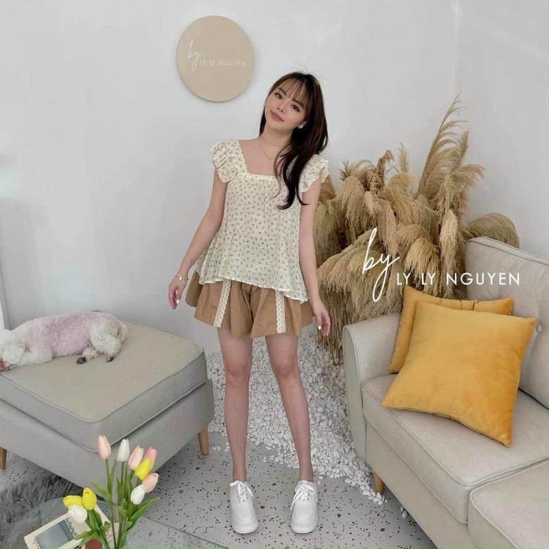 Set Áo Babydoll Hoa 2 Dây Kèm Short Nâu - Kèm Hình Thật