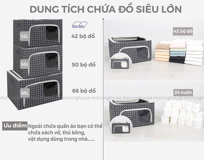 HỘP ĐỰNG TÚI ĐỰNG QUẦN ÁO KHUNG THÉP 66L- LIVING BOX 66L- Dài 50x Rộng 40x Cao 33.5 cm