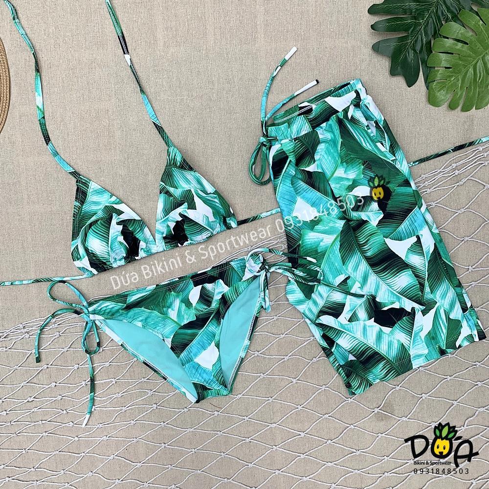 Bikini 2 mảnh basic họa tiết lá xanh đi biển đẹp