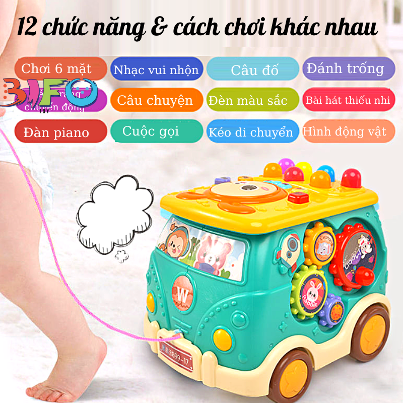 Hộp nhạc đa năng đồ chơi giáo dục sớm cho bé có hình ô tô bus và hình khối 6 mặt Đàn Trống Nhạc Xếp hình Đàn hồi Mê cung