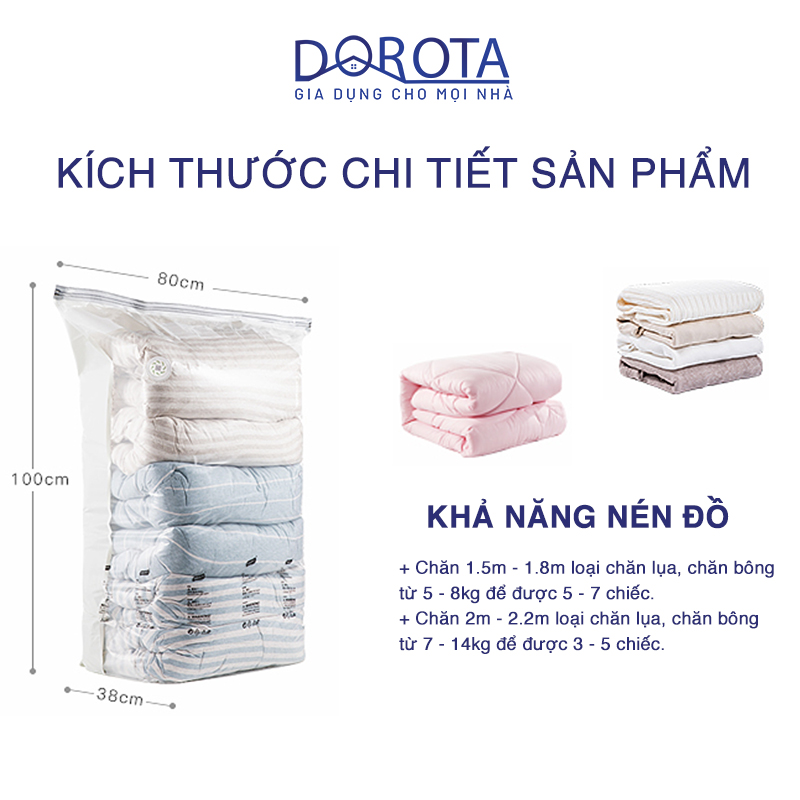 Túi hút chân không đựng chăn mền quần áo DOROTA không cần dùng bơm tái sử dụng bọc để đồ 80x100x38cm LT813