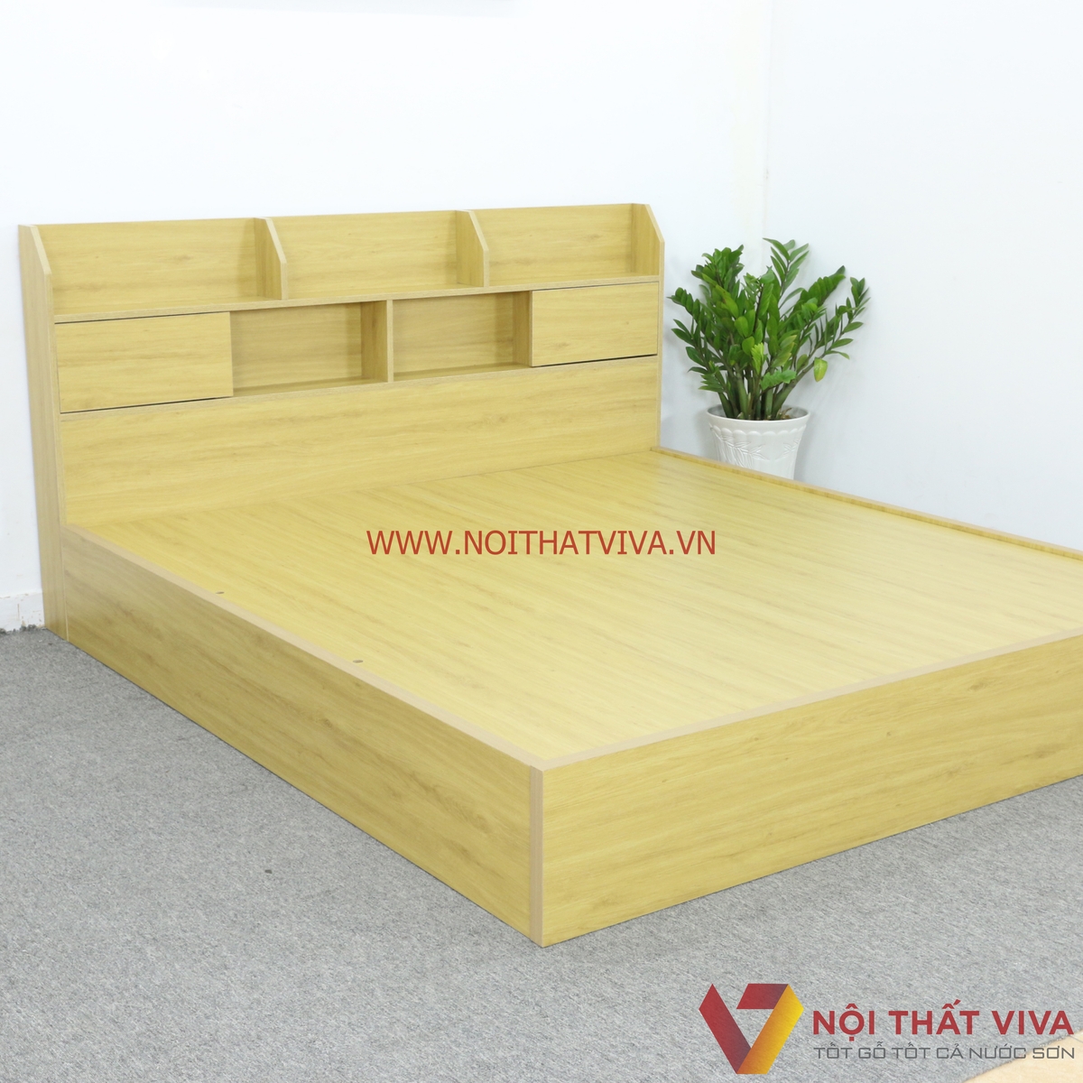 Giường Ngủ Gỗ Mdf Melamine Màu Vàng Có Kệ Trang Trí Đẹp Giá Rẻ