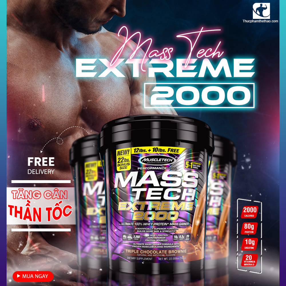 Sữa tăng cân tăng cơ Mass Tech Extreme 2000 22lbs (~10kg) – Hỗ trợ Tăng Cân Nhanh + Tăng Sức Mạnh từ nguồn dinh dưỡng đầy đủ như 1 bữa ăn - Hàng nhập khẩu chính hãng - Thương hiệu Muscletech - Kèm quà tặng