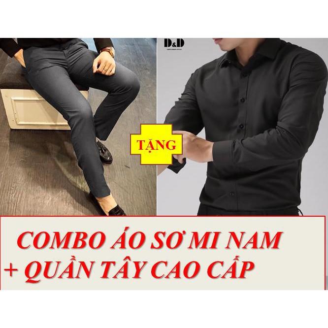 COMBO ÁO SƠ MI ĐEN TRƠN + QUẦN TÂY XÁM NAM THỜI TRANG CAO CẤP