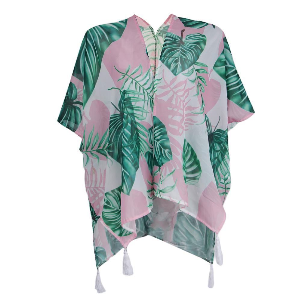 Women's Beach Cover Up Kimono Cardigan Tropical Leaves Tassels Design Soft Chiffon Blouse Shawl Top M-XL