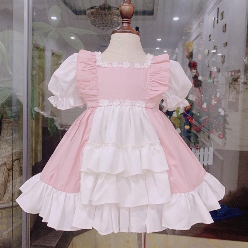 Váy Lolita bèo hồng bé gái 4 đến 17kg, Đầm bé gái chất lụa nến mềm mát [V504