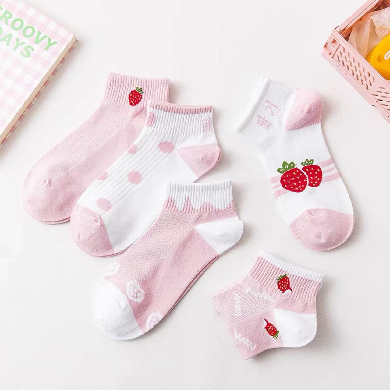 Set 5 đôi- Tất nữ cổ thấp phong cách hàn quốc - Dâu hồng