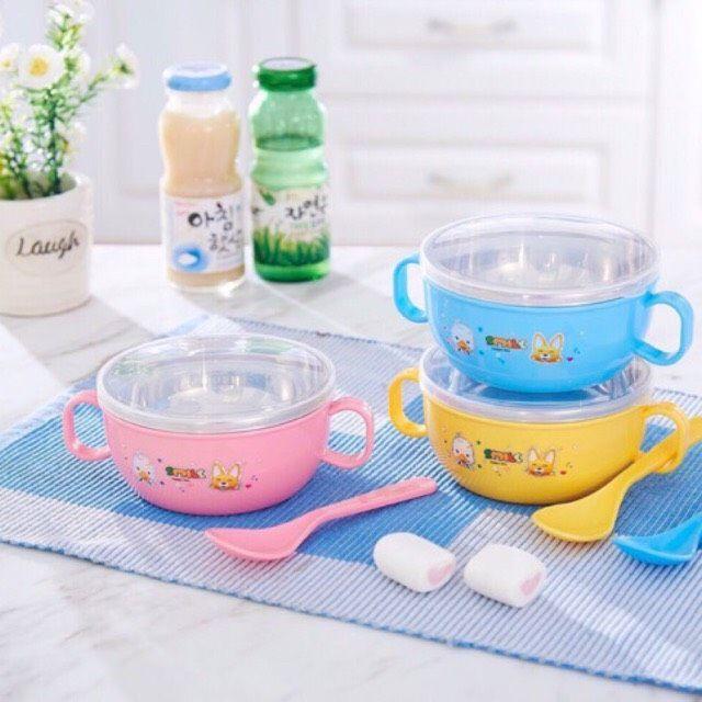Sỉ =Lẻ - Bát Ăn Dặm Inox Cách Nhiệt Có Tay Cầm Kèm Muỗng Và Nắp Cho Bé