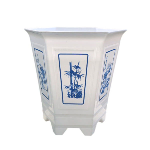 Chậu Lục Giác Trắng In Lụa Họa Tiết 35X35H - Chất liệu bền, đẹp, kiểu dáng sang trọng VTNN Nông Điền Trang
