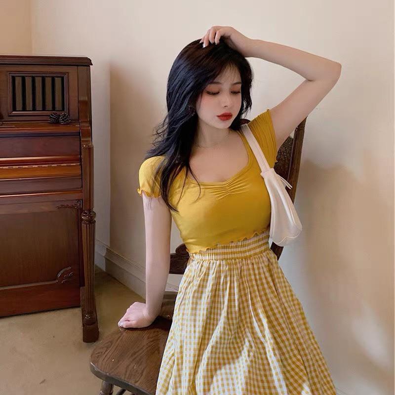 Set áo thun croptop phối váy caro xoè, Set tiểu thư cao cấp