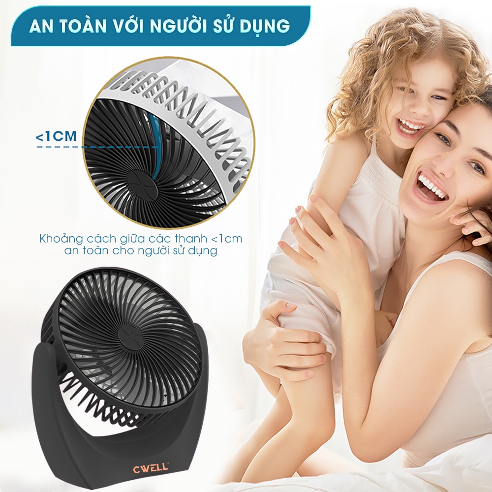 Quạt Tích Điện Mini Pin 10H, 2-3 Tốc Độ Gió Mát, Xoay Linh Hoạt 210 Độ Không Tiếng Ồn