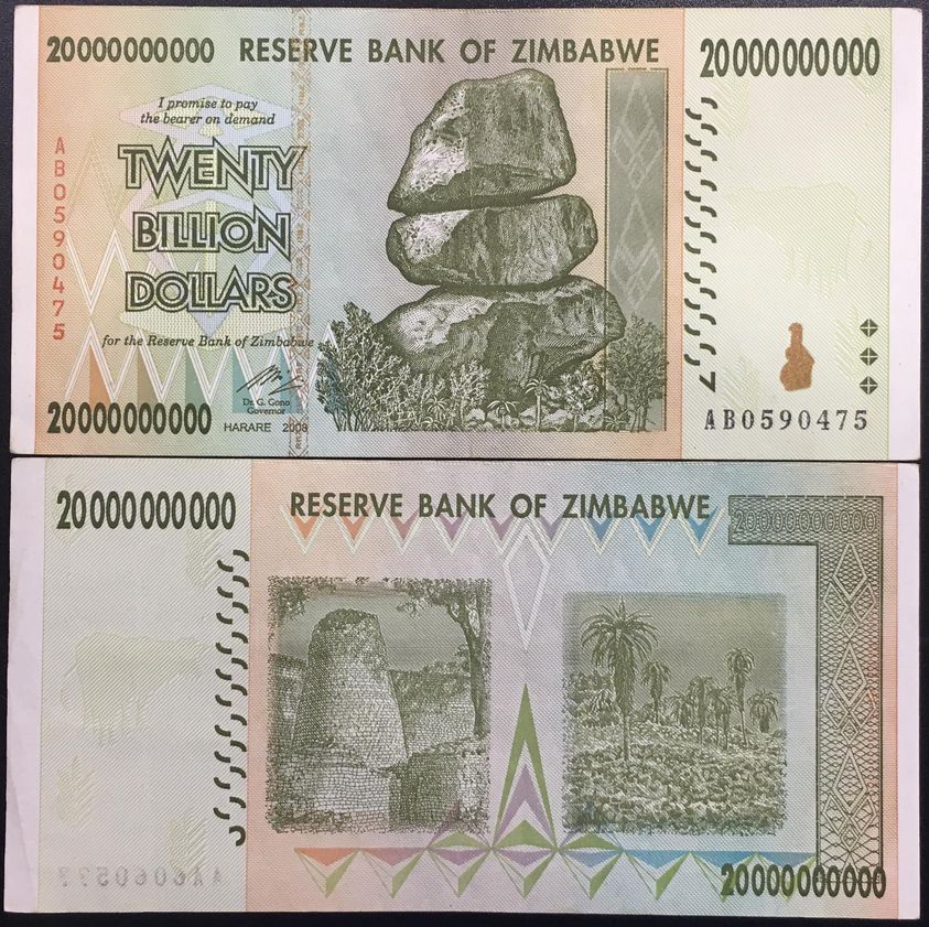 Tờ tiền lạm phát của Zimbabwe 20 tỷ Dollars siêu khủng sưu tầm