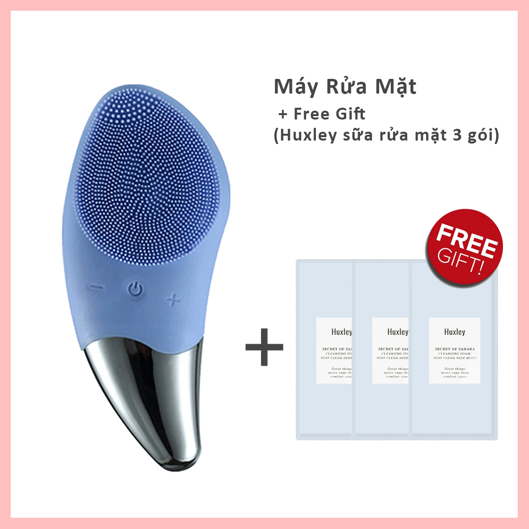 Máy Rửa Mặt Mini Massage Làm Sạch Sâu Tích Hợp Sóng Âm BR-1020 + 3 gói sữa rửa mặt cao cấp HUXLEY Deep Clean, Deep Moist mini 3ml