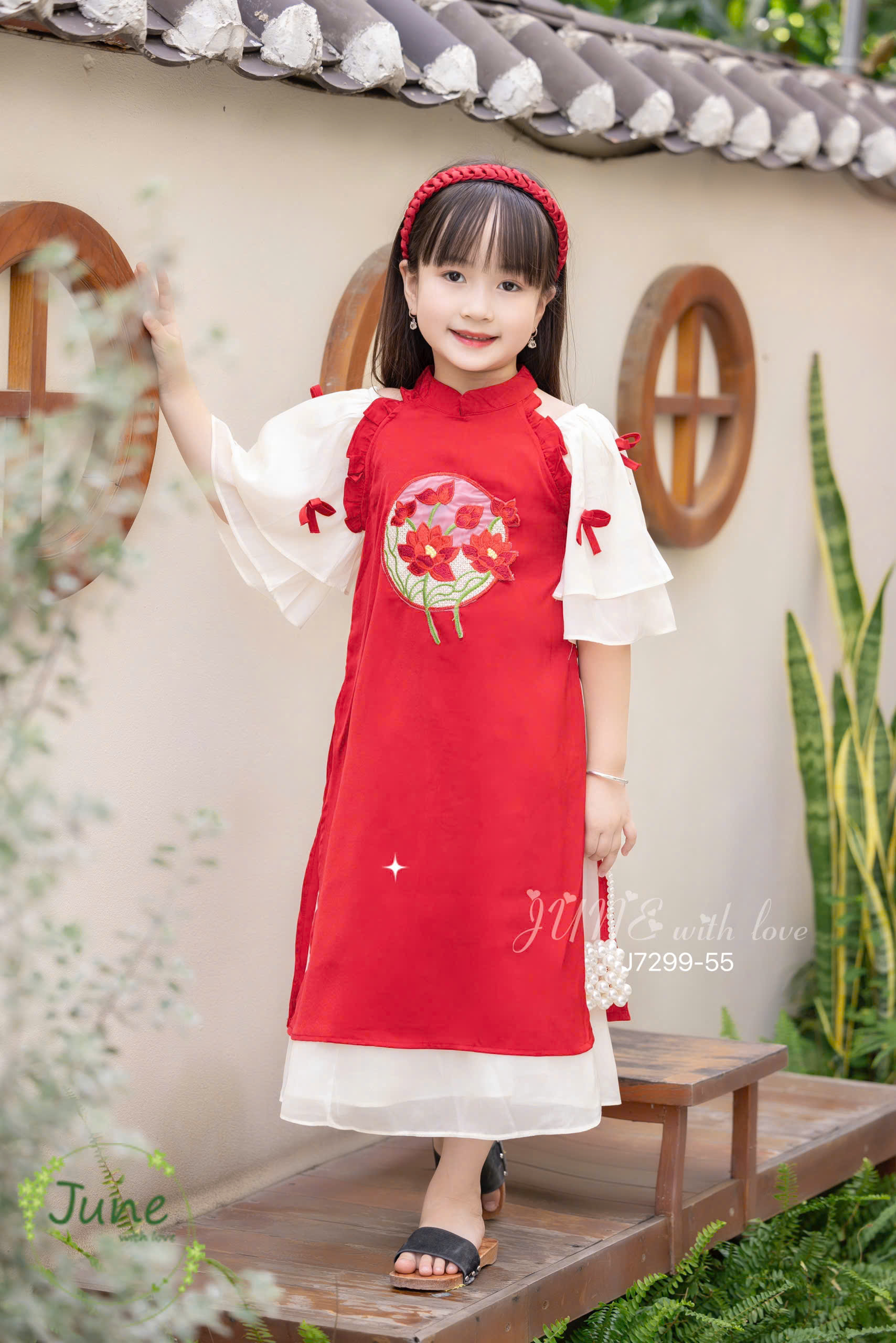 Bộ áo dài tết cho bé gái mẫu hoa sen xinh xắn diện tết năm mới giáng sinh noel từ 12-50kg hàng thiết kế cao cấp