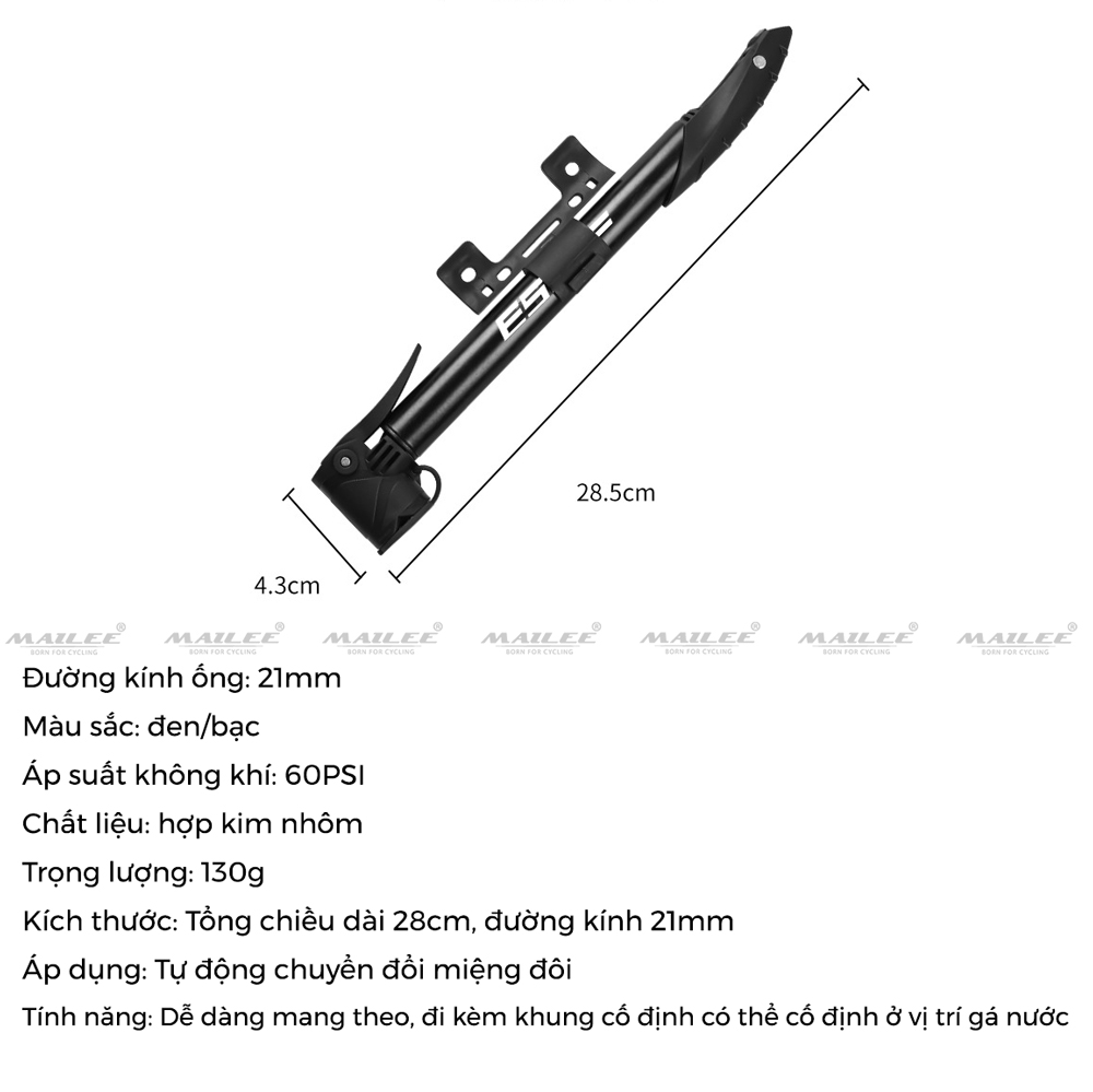 Bơm Xe Đạp Cầm Tay Bơm Lốp Xe Đạp ESL-60P Hợp Kim Nhôm, Bơm Lốp Xe Đạp gắn sườn xe 60 Psi Nhỏ Gọn 2 đầu van riêng (cho van mỹ và van nhọn) - Mai Lee