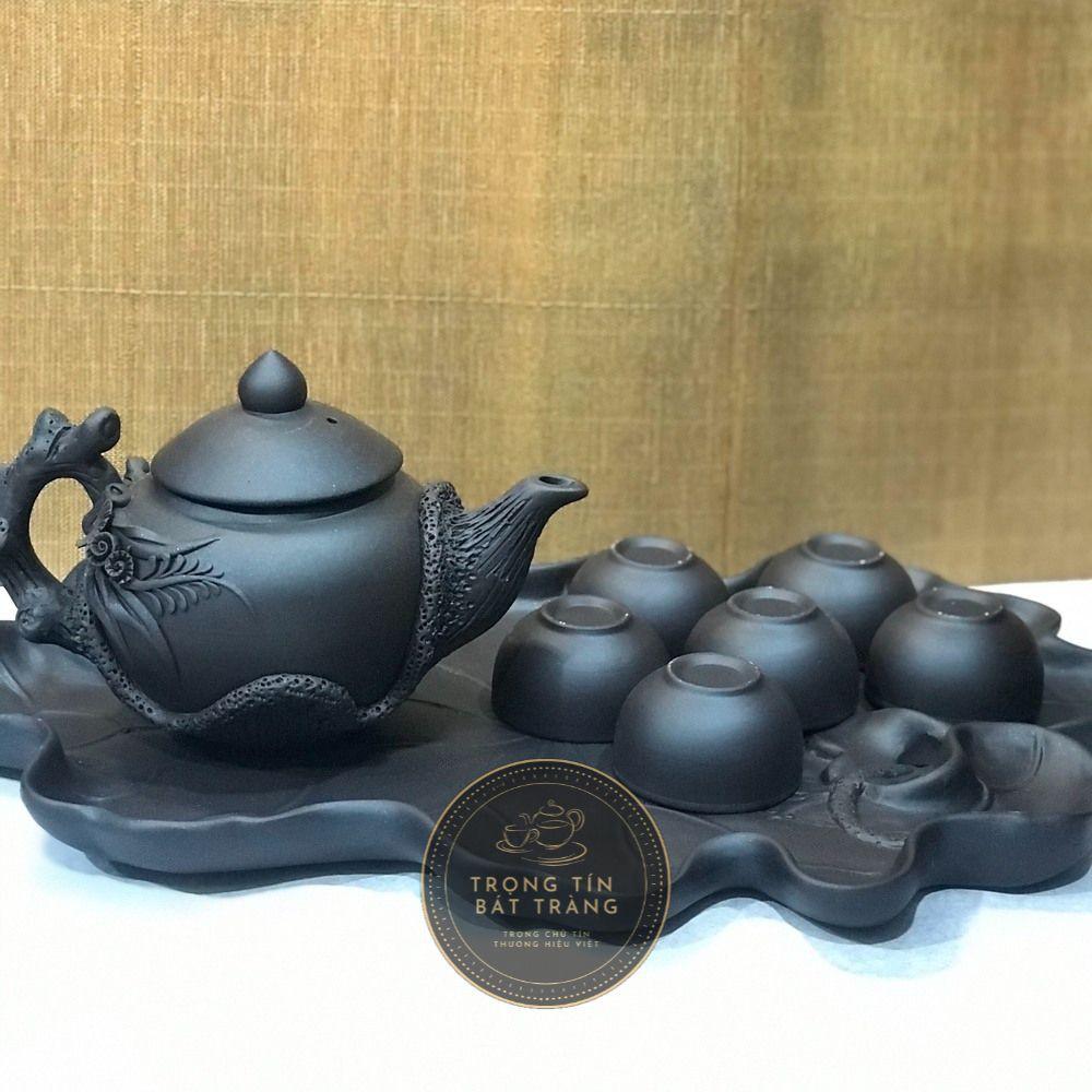 Bộ Ấm Chén Trà Đạo Gốm Tử Sa Bát Tràng Đắp Nổi Hoa Lan Dáng Thủy Bình Dung Tích 400ml ATSML 017