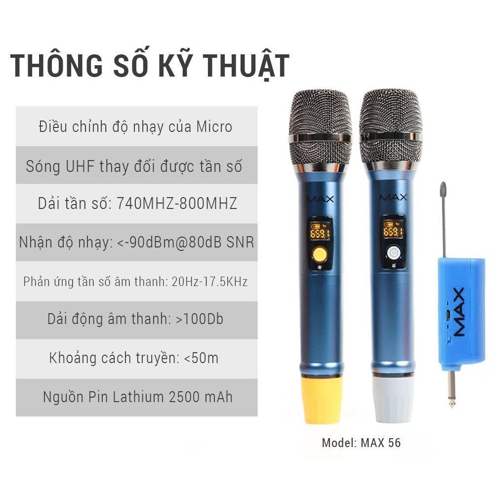 Micro không dây đa năng karaoke Max 56 Nâng cấp từ Max 39 Hút âm tốt chốg hú hiệu quả Sạc pin ngay trên mic Led màn hình