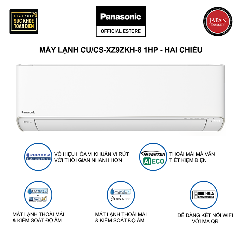 Máy lạnh/Điều hòa Panasonic CU/CS-XZ9ZKH-8 - Công suất 1HP - Hai chiều - Lọc sạch không khí nanoeX - Kết nối wifi - Hàng chính hãng