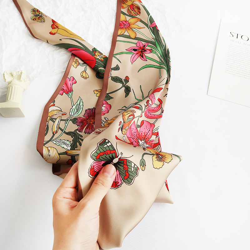 Khăn lụa dáng dài họa tiết hoa lá Vintage dễ thương AKL97