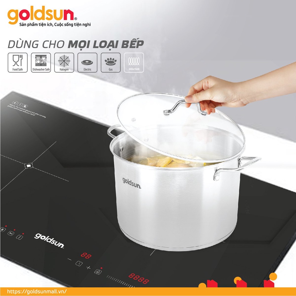 Nồi Luộc Gà Inox 430 Bếp Từ 3 Đáy Goldsun Nắp Kính