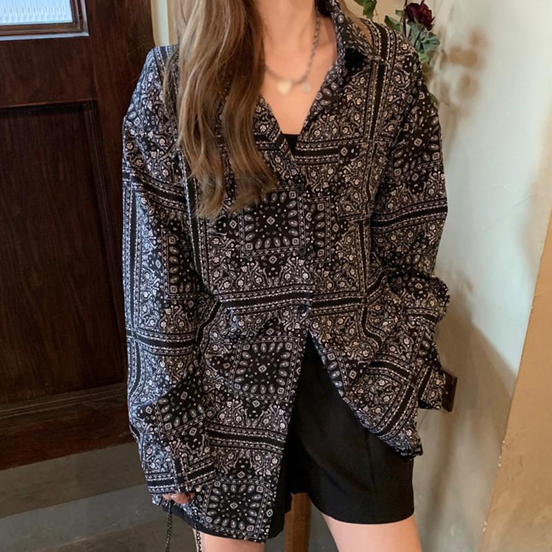 Áo Sơ Mi Tay Dài Form Rộng In Họa Tiết Phong Cách Retro Cho Nữ