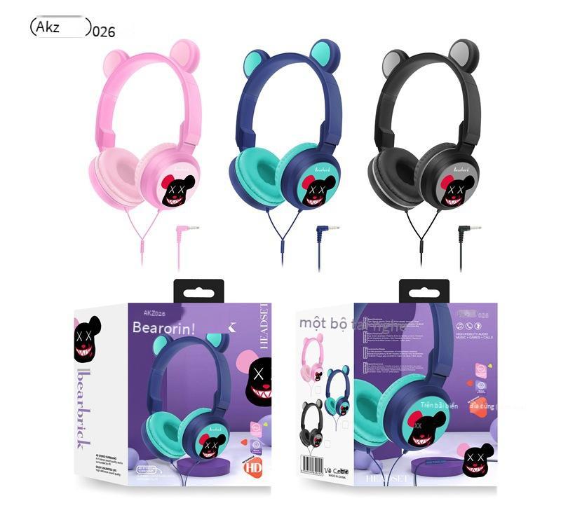Giá đặc biệt mới tai gấu tai mèo hoạt hình tai nghe điện thoại di động có dây lớp học trực tuyến dành cho trẻ em với giọng lúa mì phát sóng trực tiếp