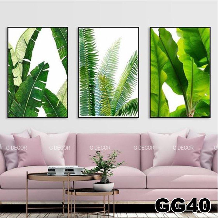 Tranh treo tường canvas 3 bức phong cách hiện đại Bắc Âu 203, tranh hoa lá trang trí phòng khách, phòng ngủ, spa, decor