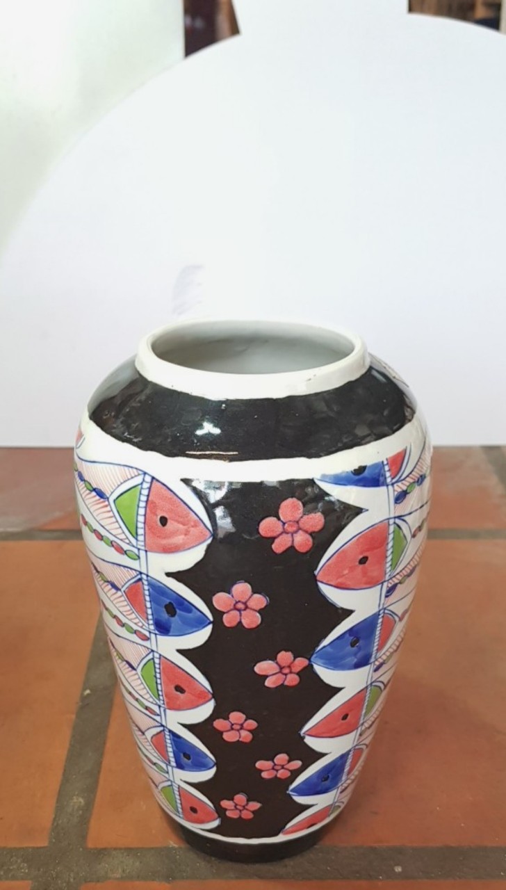 Bình hoa dạng ống tròn, họa tiết hình con cá và hoa, cao 25cm, trang trí nhà cửa, quà tặng tân gia, sinh nhật, gốm Bát Tràng. Giao từ HCM
