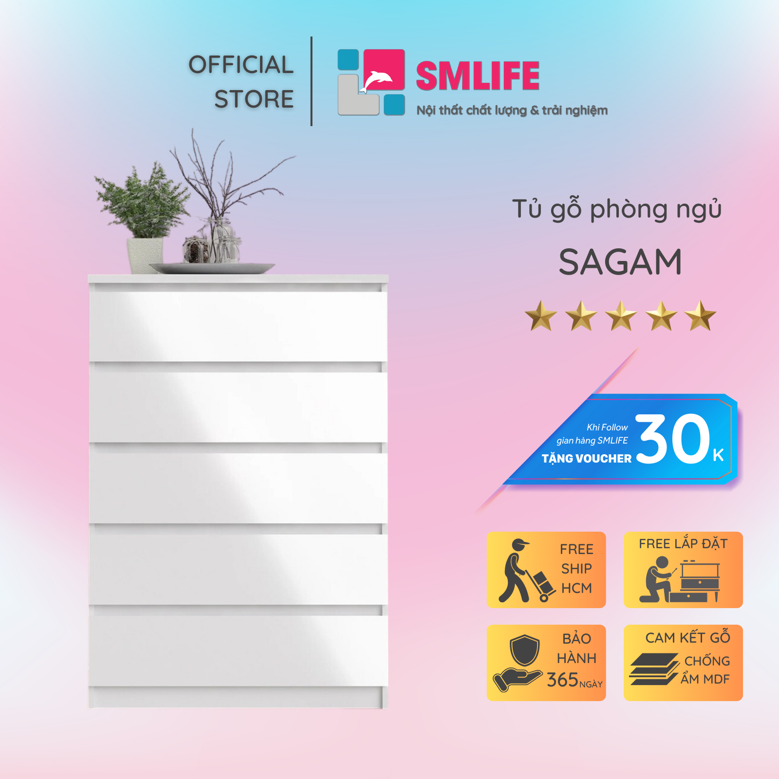 Tủ phòng ngủ gỗ hiện đại SMLIFE Sagam  | Gỗ MDF dày 17mm chống ẩm | D75xR50xC110cm