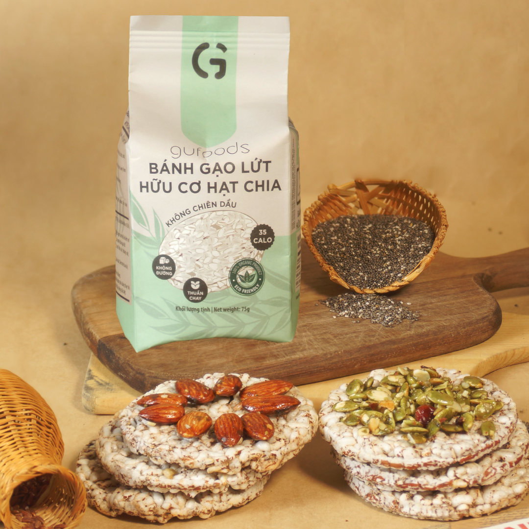 Bánh gạo lứt ăn kiêng hữu cơ hạt chia GUfoods - Hạt chia organic, Không đường, Thuần chay