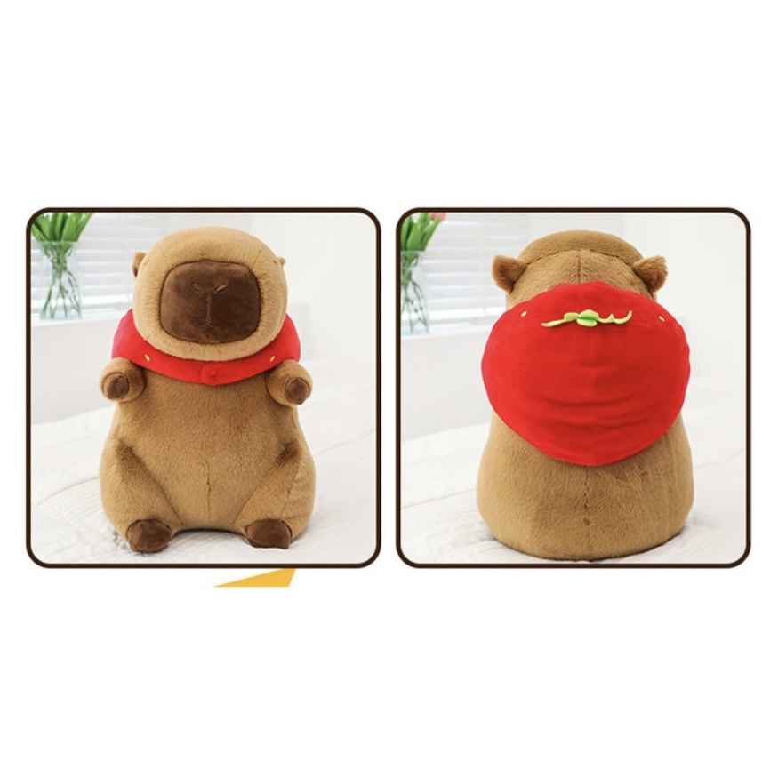 Thú nhồi bông capybara đội mũ dâu tây đáng yêu - Size từ 35cm đến 85cm - Quà tặng gấu bông capybara mang balô dâu tây trên lưng - Gối ôm chuột lang dễ thương cho bé