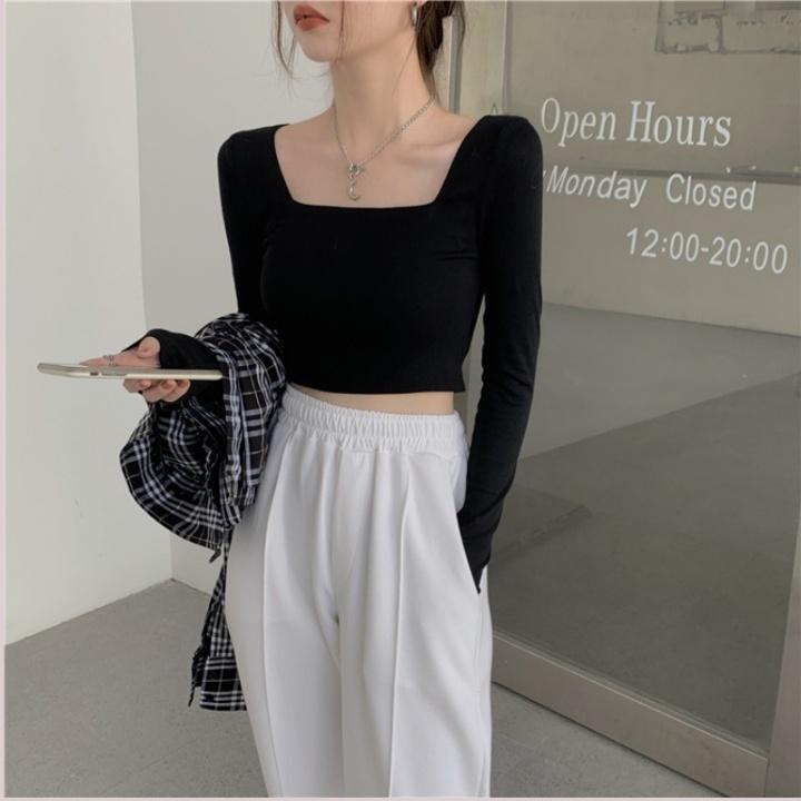 Áo Croptop Tay Dài Cổ Vuông Màu Trơn Co Giãn Phong Cách Hàn Quốc Màu Đen Trắng CR01