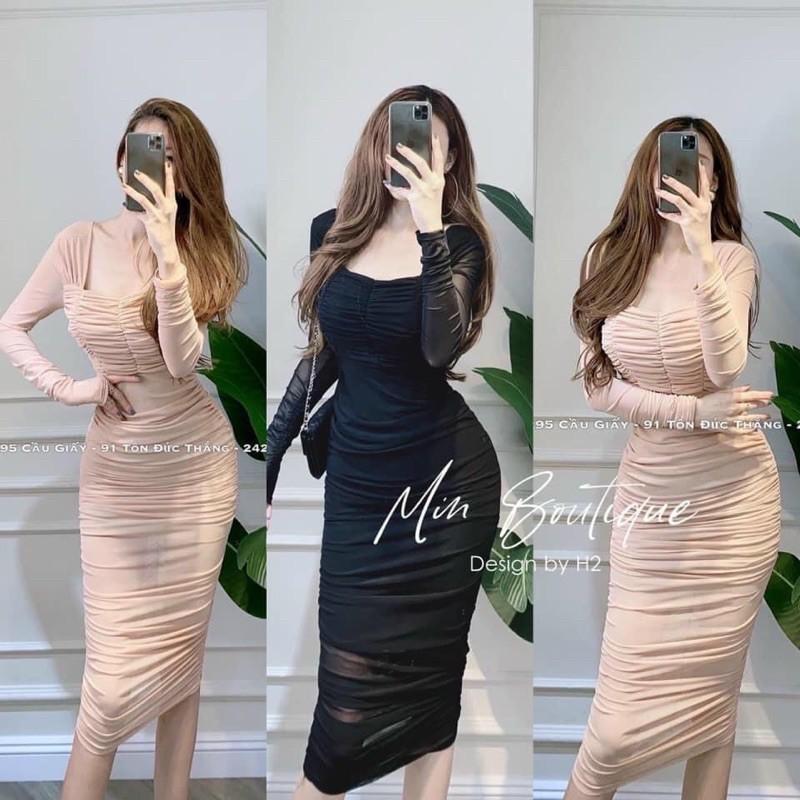Đầm body nhún tay dài chất thun borip cao cấp
