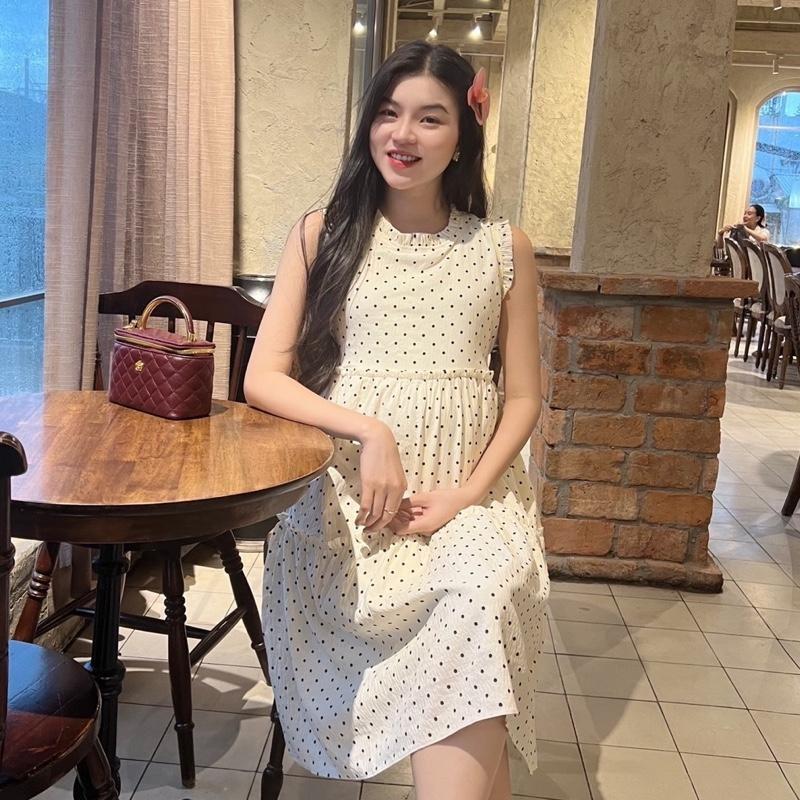 Đầm bầu chấm bi cổ xếp bèo phối tùng liền dễ thương  chất cotton Hàn ( 2 lớp ) - Trắng kem